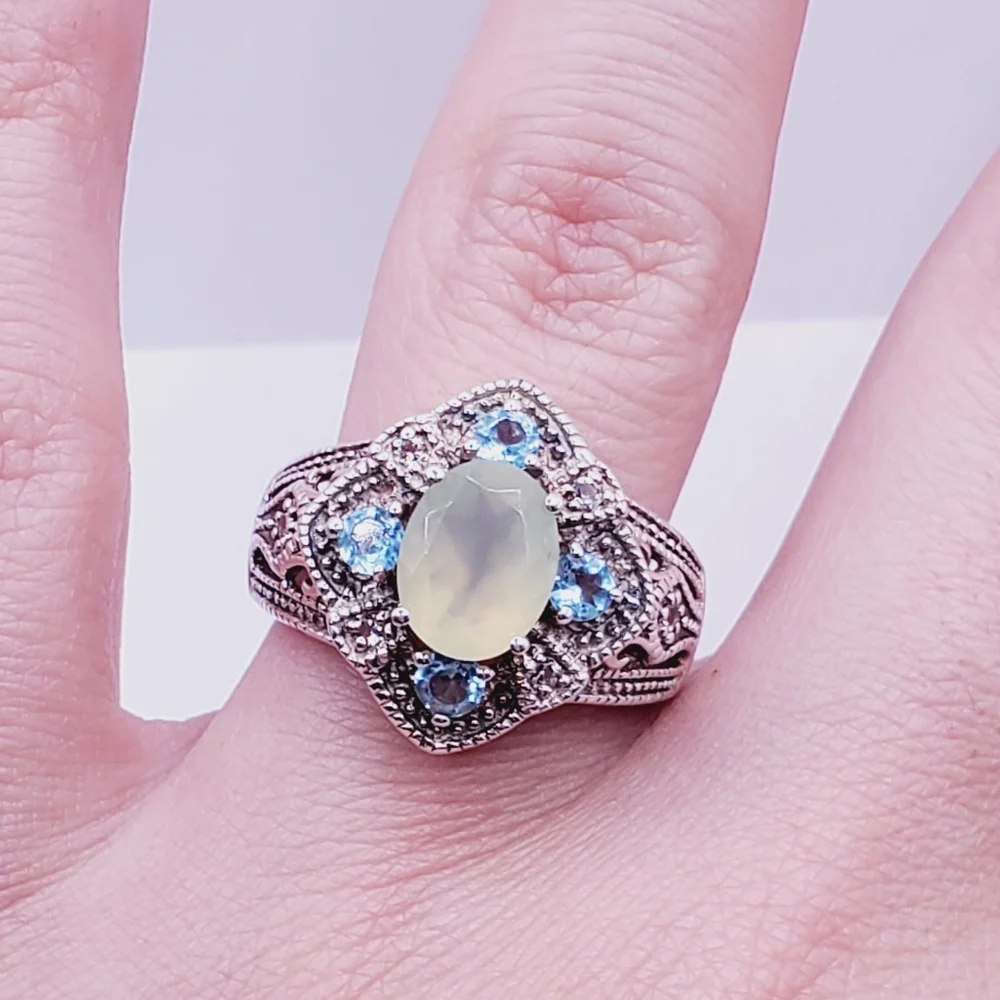 Apatite - White Topaz & Chalcedony 925 Sterling Silver Milgrain Design Ring